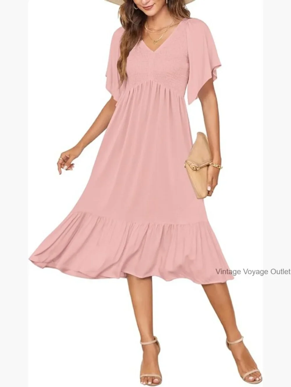 Smocked Empire Waist Midi Dress with Flutter Sleeves - Lightweight & Flowy - Picture 1 of 7